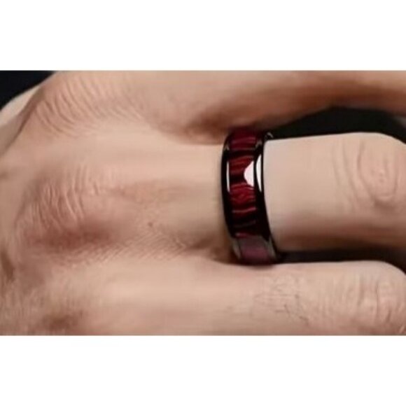 Tungsten Carbide Steel High Polished Red Marble Statement Wedding band - Picture 8 of 8